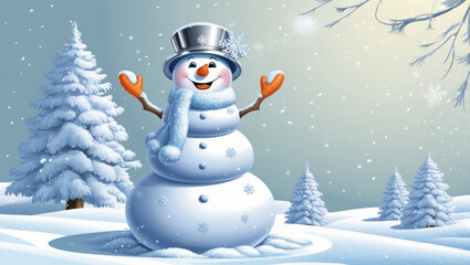 Cute funny snowman in a knitted hat and scarf in the winter forest with snowflakes. New year and Christmas concept. AI generated