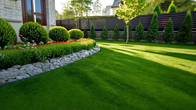 Beautiful sunset over a well-manicured garden with lush green grass and blooming flowers. Peaceful and serene outdoor landscape concept.
