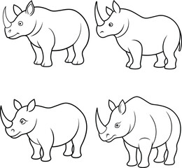 Rhinocero outline set illustration line art or sketch, with its prominent horn and bulky body, drawn with thick, sturdy lines on a white background.