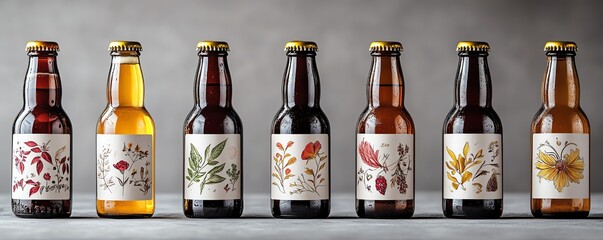 A selection of craft beer bottles with handdrawn labels, displayed in a cozy brewery, handcrafted beer, creative and artisanal