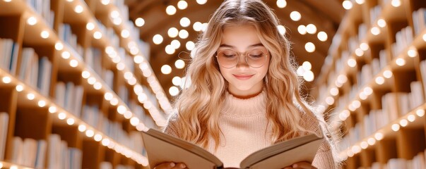 A woman with a golden tan, smiling as she finds a rare book in a bookstore