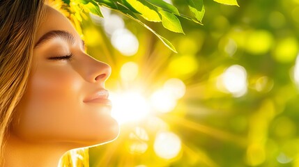 Fototapeta premium A woman with a natural glow, smiling as she breathes in the fresh forest air