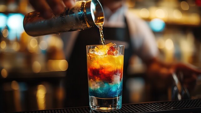 Close-up of a mixologist pouring a colorful cocktail into a glass, focusing on creativity in the everage industry.