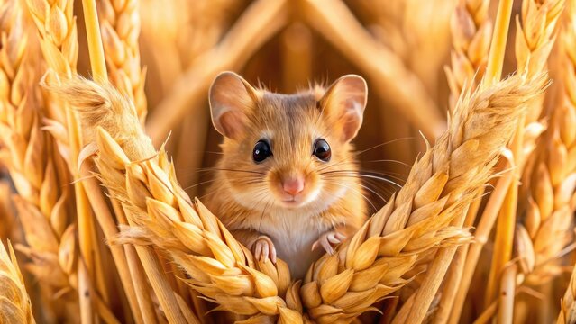 A small, furry field mouse peeks out from behind a bundle of dry wheat stalks in a sun-drenched, rustic agricultural landscape.
