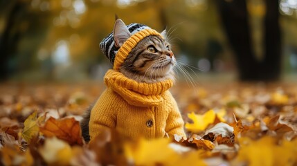 Obraz premium In the autumn park, the cat in autumn clothes changes the calendar of the autumn season. Ai generation