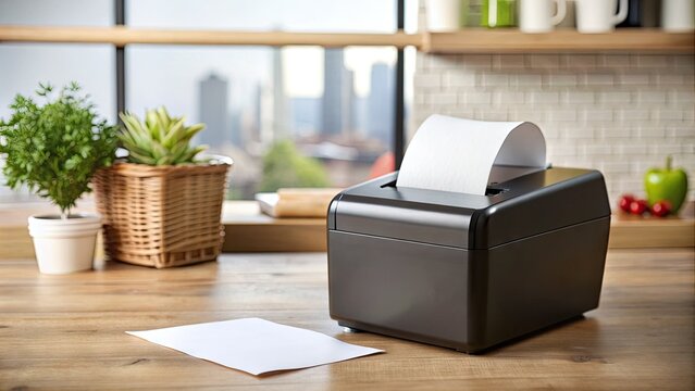 A small, sleek thermal printer sits on a countertop, spitting out a long receipt with itemized list of products and prices, surrounded by clutter.