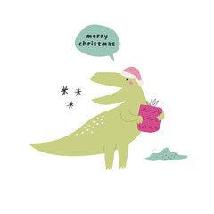 Hand drawn Christmas illustration with funny dinosaur tyrannosaur. Good for greeting cards, t-shirt designs, prints