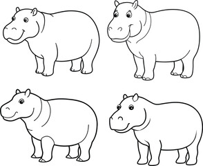 Hippopotamus outline set illustration line art or sketch, standing with its large body and wide mouth, drawn with rounded lines on a white background.
