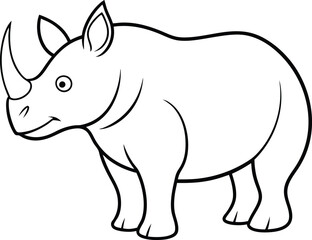 An outline illustration of a rhinoceros, with its prominent horn and bulky body, drawn with thick, sturdy lines on a white background.