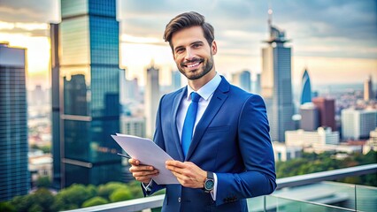 Fototapeta premium A smiling young professional in a blue suit holds a policy document and pen, surrounded by a cityscape, conveying confidence and financial security.