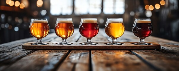 Craft beer flight with assorted glasses on a rustic wooden board, warm lighting, brewery setting, alcoholic beverage, artisanal craft experience