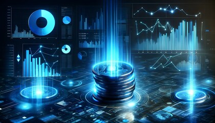 A futuristic digital finance concept with glowing dollar symbols, charts, and data visualizations, representing advanced financial technology and data analytics.