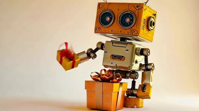 Cute cartoon robot holding a gift box, showcasing a blend of technology and charm. Futuristic and friendly robotics concept, isolated on white.
