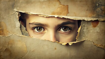 A solitary figure peeks out from behind a worn, vintage photograph, its faded edges and creases a testament to the memories it holds.