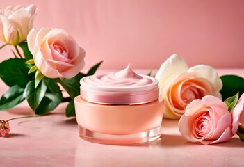 Luxurious jar of pink cosmetic cream surrounded by roses on a soft pink background. Concept of beauty, skincare, and elegance