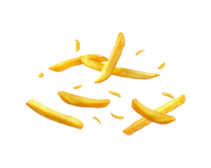 A group of golden french fries are floating in the air against a transparent background.