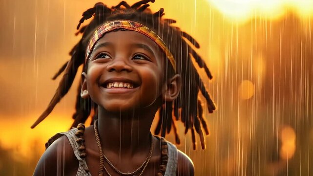 Smiling African child with dreadlocks enjoying the rain, dressed in traditional accessories against a warm golden backdrop. Joy and culture concept.
