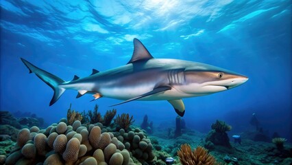 Naklejka premium A solitary grey reef shark swims in the crystal-clear waters of a coral reef, its sleek body and sharp fins cutting through the blue abyss.