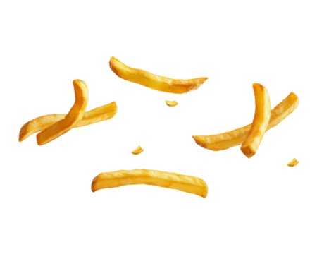 A close-up shot of five golden french fries falling on a transparent background.