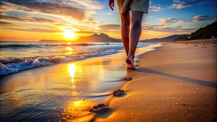 A solitary pair of feet walk along a scenic beach at sunset, toes wiggling freely as fingers trail gently in the soft golden sand.
