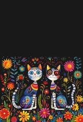 Funny cats decorated skulls and skeleton and Mexican traditional symbols, elements and flowers on dark background. Day of the dead, Dia de los muertos. Cute greeting card for  mexican holiday. 