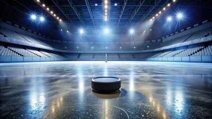 a solitary puck rests on the pristine ice surface, surrounded by empty seats and dimly lit arena lights, awaiting the next face-off.