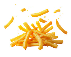 A pile of golden french fries with some scattered in the air.