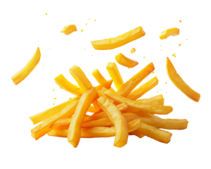 A pile of golden french fries with some scattered in the air.