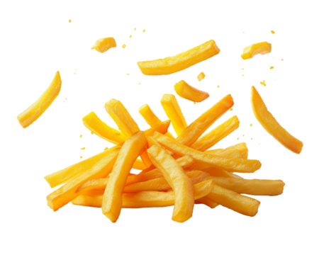 A pile of golden french fries with some scattered in the air.