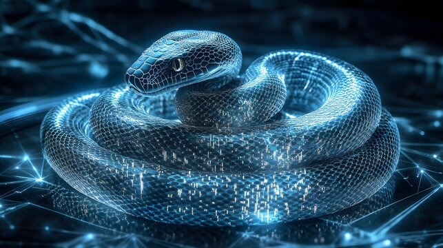A cobra coiled on a futuristic digital platform, its scales glimmering with layers of Python code, lit by soft, ambient blue light, the intricate detail of the snake and the overlay of digital