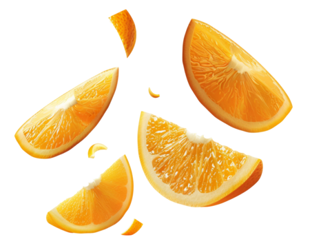 Orange slices arranged in a scattered pattern on a transparent background.