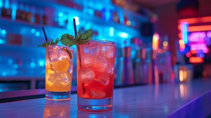 Neonlit nightclub bar with vibrant cocktails, patrons enjoying drinks, dynamic atmosphere, alcohol drink nightlife, energetic and lively