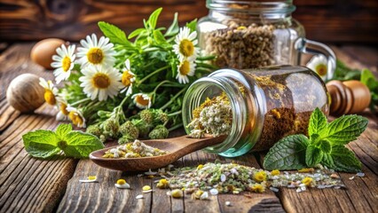 Fototapeta premium A soothing assortment of dried herbs, including chamomile, peppermint, and lemon balm, spill from a wooden apothecary jar on a rustic wooden tabletop background.