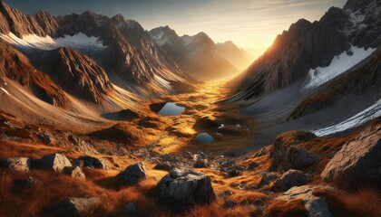 Sunrise over a vast mountainous landscape