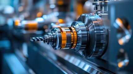 Fototapeta premium Close-up of CNC machine spindles, emphasizing the speed and precision of modern machining technology.