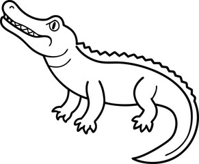 Crocodile outline or line art or sketch illustration, with its body extended and jaws slightly open, drawn with bold, angular lines on a white background.