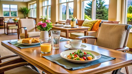 Assistive mealtime setup with nutritious food, glass of water, and utensils, emphasizing independence and comfort in a warm and inviting senior living environment.