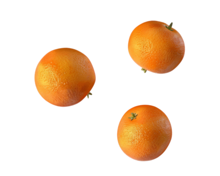 Three whole oranges isolated on a transparent background.