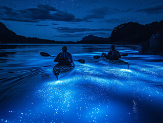 a night scene of three people paddling in canoes on a river, illuminated by a blue light that emanates from the water