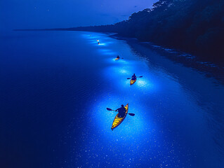 a night scene of three people paddling in canoes on a river, illuminated by a blue light that emanates from the water
