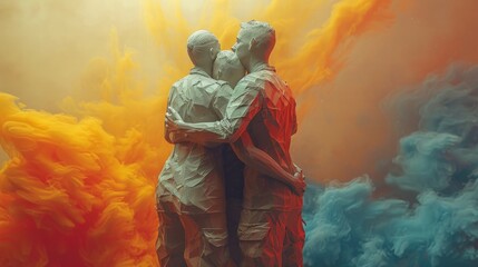 Fototapeta premium featuring a veteran hugging their family, surrounded by vibrant, emotional colors