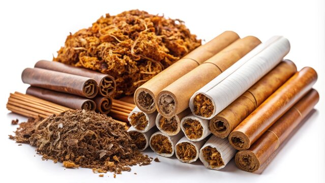 Assorted tobacco products, including cigarettes, cigars, e-liquids, and rolling papers, isolated on a white background, with a shallow depth of field and soft lighting.