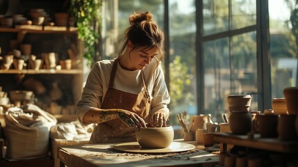 In a bright pottery studio, a woman shapes clay, surrounded by tools, pottery, and vibrant glazes.