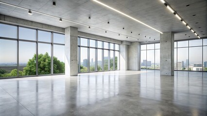 Fototapeta premium A stark, modern space features a vast, empty concrete floor illuminated by natural light streaming through large windows, surrounded by blank white walls.