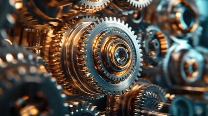 Close-up of gears and cogs inside a complex machine, highlighting precision engineering in machinery.