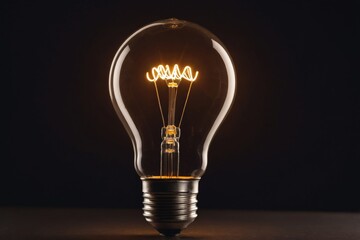 Detailed close-up of lit incandescent light bulb with warm filament