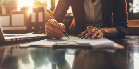 Businesswoman writing notes at desk in sunlight
