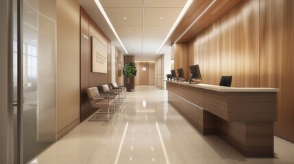 Modern hospital reception area with wood accents