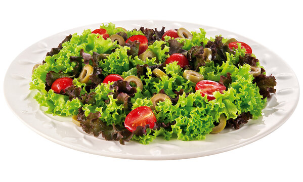 prato com salada de folhas verde, azeitona e tomate isolado em fundo transparente