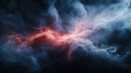 A striking image capturing dark storm clouds with a bright, fiery lightning bolt splitting the sky, showcasing nature's raw power and dramatic beauty.